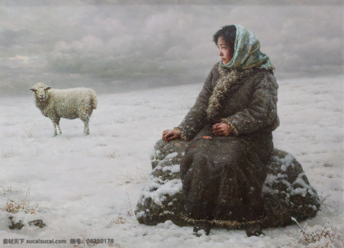 牧羊女的思绪 美术 油画 人物画 女人 女子 姑娘 牧羊女 雪地 白羊 油画作品85 文化艺术 绘画书法