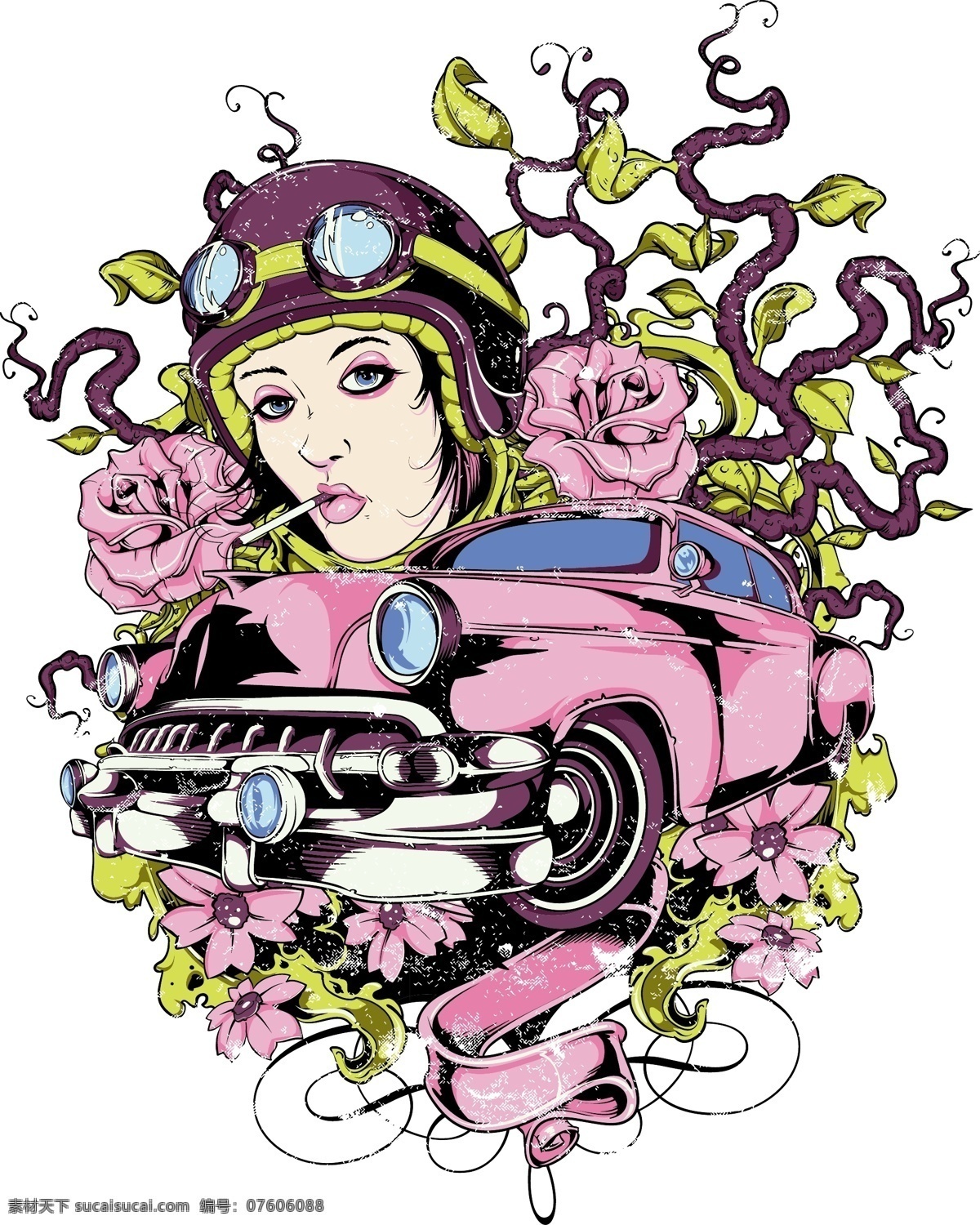 女 飛行員 轎車 女飛行員 鮮花 創(chuàng)意字母 t恤圖案 t恤設(shè)計 潮流圖案 復(fù)古圖案 t恤花紋 印花圖案 底紋邊框 矢量素材 白色
