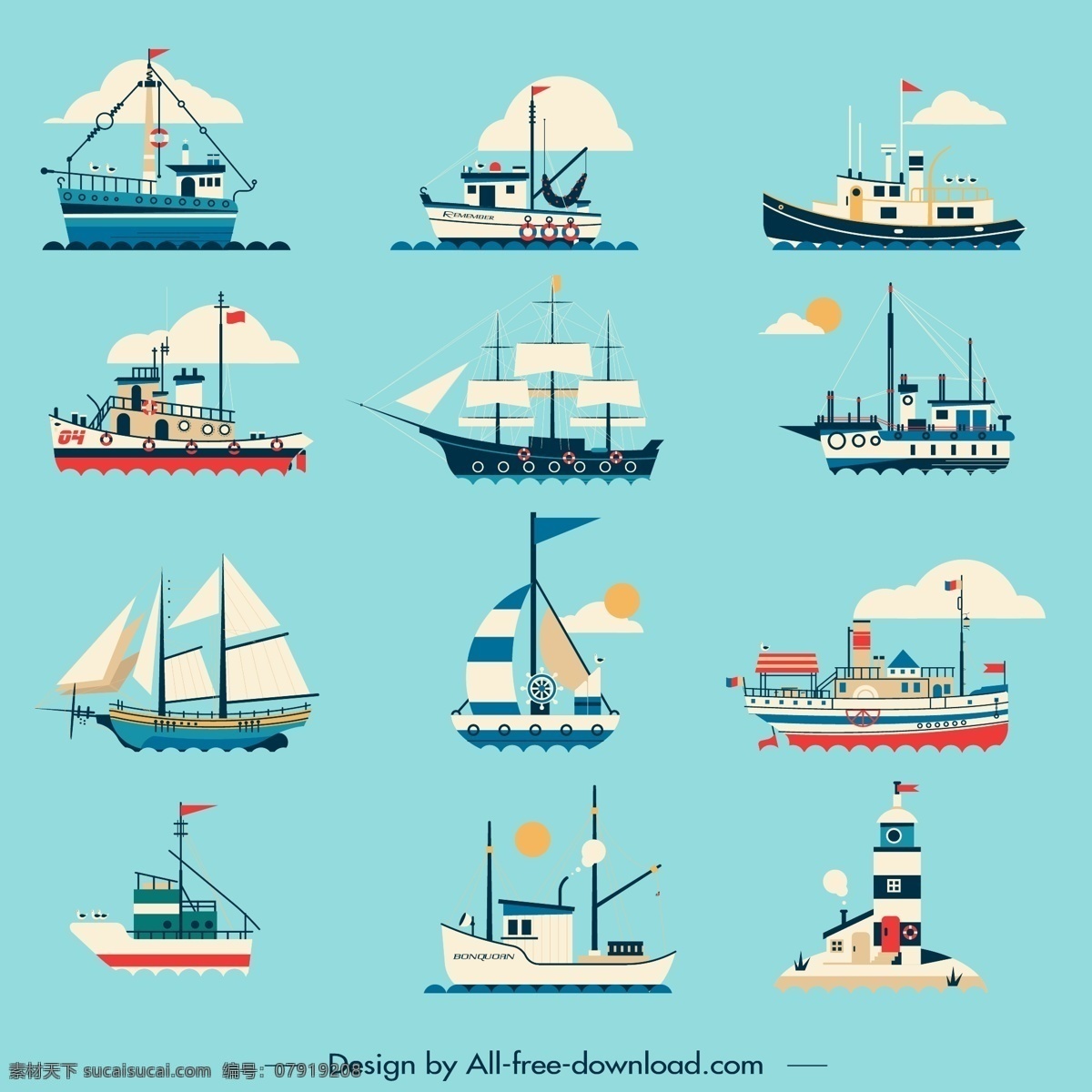 海上 船只 灯塔 云朵 海洋 帆船 游轮 渔船 矢量 高清图片