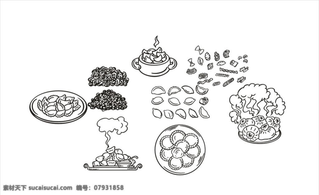 面食图片 饺子 包子 面条 蝴蝶面 面食 线稿 矢量图 卡通动漫 动漫动画