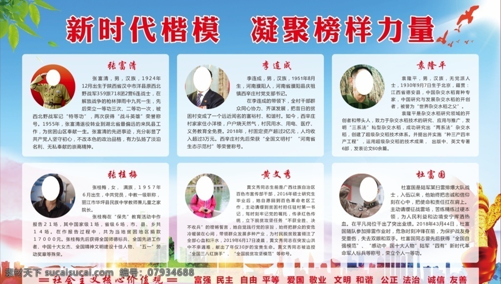 時代楷模圖片 古代時代楷模 現(xiàn)代時代楷模 張富清 楊震 李連成 袁隆平 包拯 湯顯祖 林則徐 黃文秀 中式風(fēng) 中式邊框 中式海報 黨建政府 海報單頁
