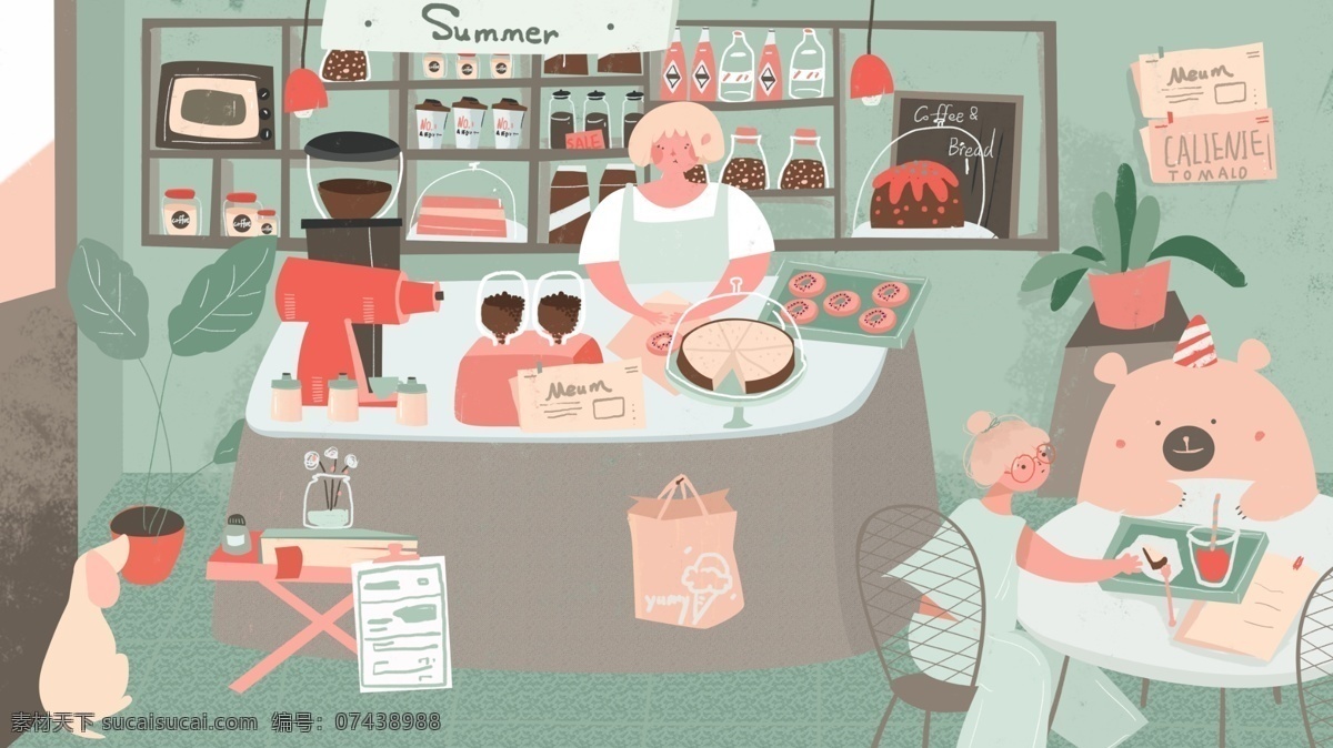 盛夏 清新 咖啡店 女孩 寵物 夏日 萌寵 小蛋糕 原創(chuàng)手繪插圖 公眾號插圖 夏日小資情調 盛夏場景