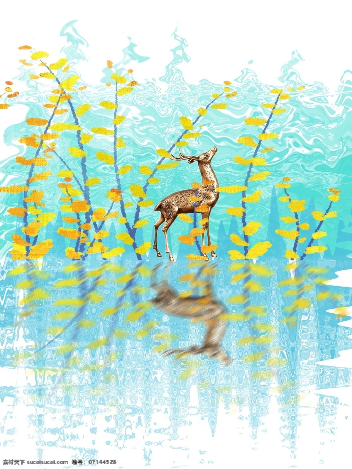 简约 手绘 迎春花 客厅 装饰画 浮雕小鹿 客厅装饰画 一联画 手绘迎春花 蓝色波浪