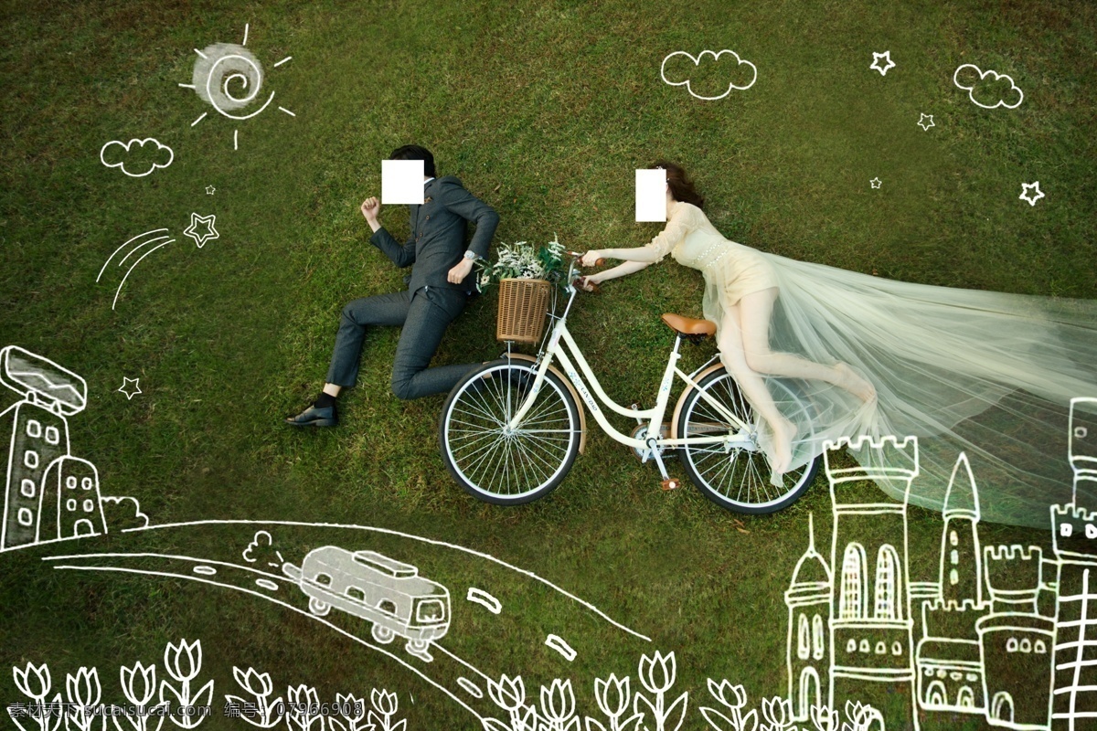 婚纱照 写真 草地 绘画 粉笔画 趣味素材 分层