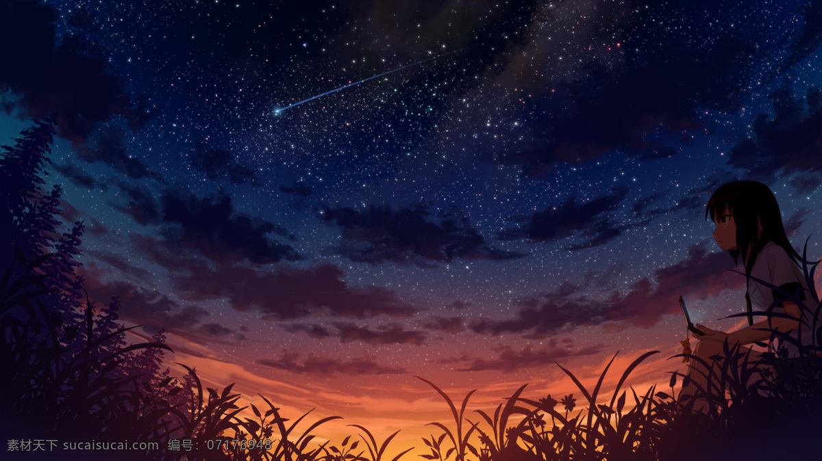 星空 流星 動漫 草叢 女孩 動漫動畫 風景漫畫