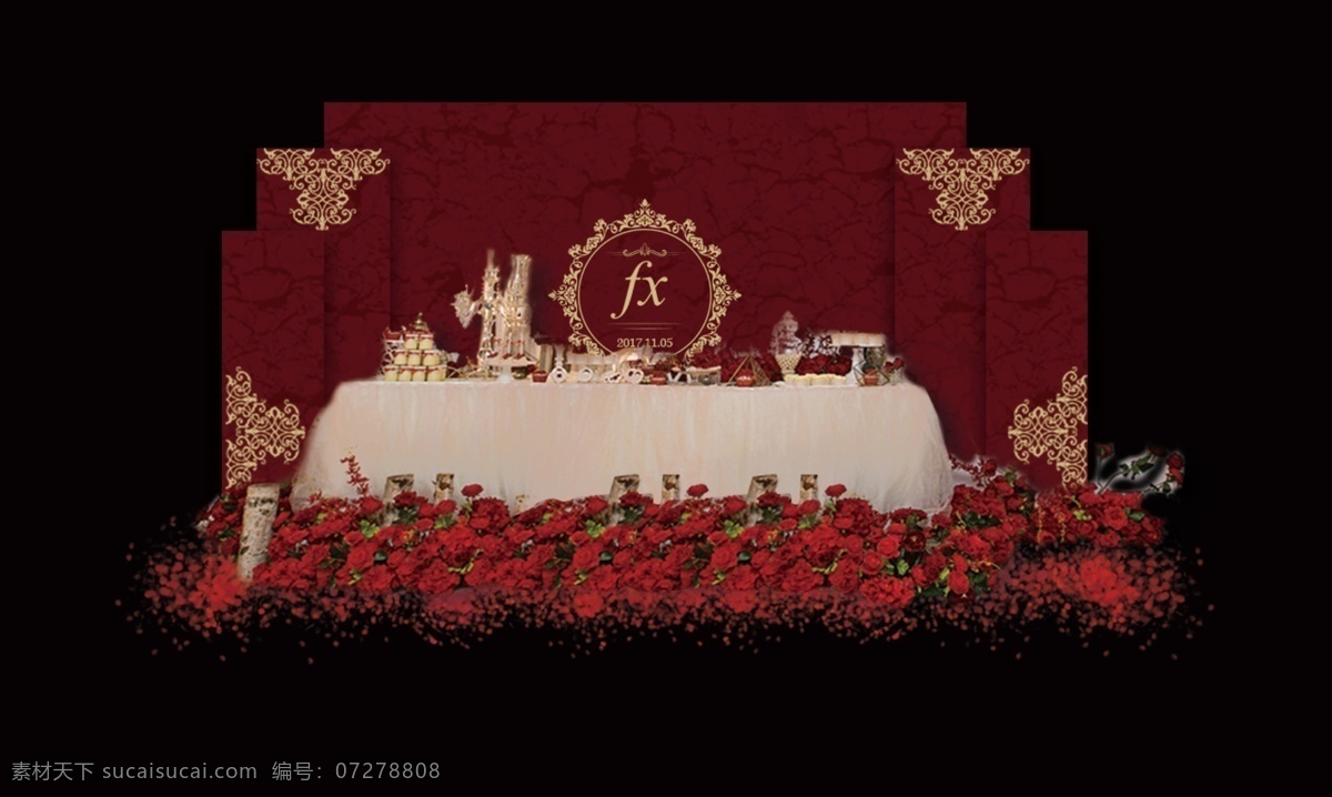 婚禮 甜品 區(qū) 效果圖 甜品區(qū) 紅金 簡單 舞臺 效果