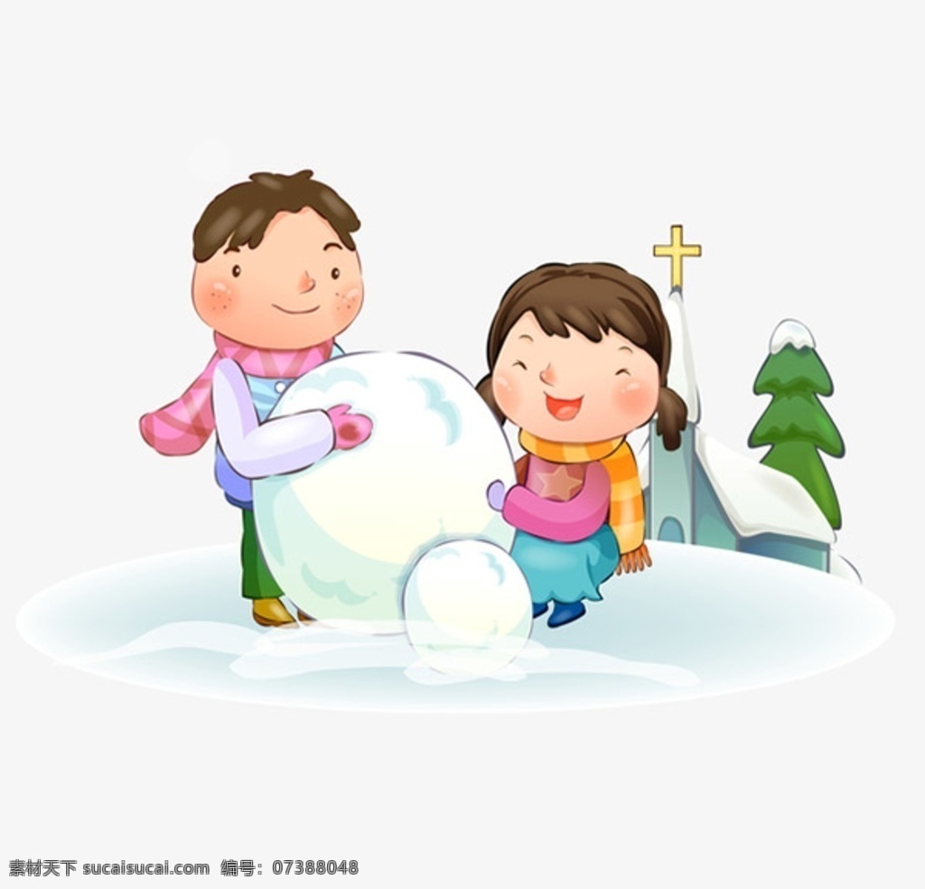 男孩 女孩 堆 雪人 男孩女孩 雪地 堆雪人 雪球 冬天的树