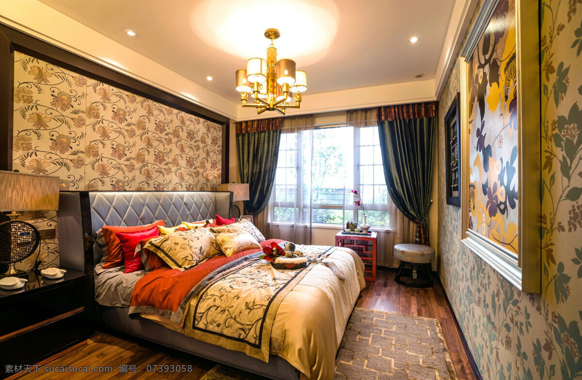 热带 风情 卧室 褐色 地毯 室内装修 效果图 金色台灯 卧室装修 植物墙绘 木制床头柜