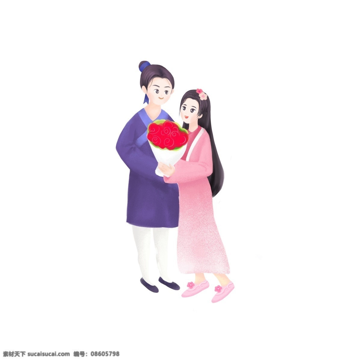 七夕 情人節(jié) 牛郎織女 相會(huì) 送花 手繪 原創(chuàng) 插畫 卡通 古裝 送禮物 鮮花 浪漫 77 玫瑰