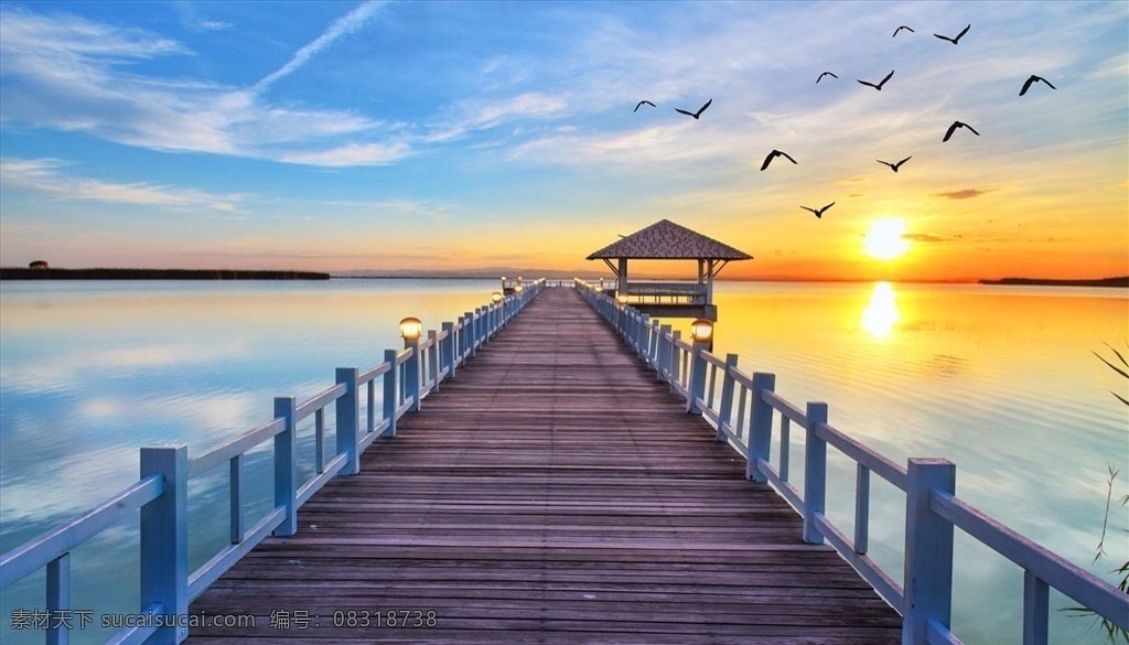 海边 木桥 小亭 背景墙图片 海鸥 夕阳 背景墙 电视背景墙 中式背景墙 现代背景墙 分层