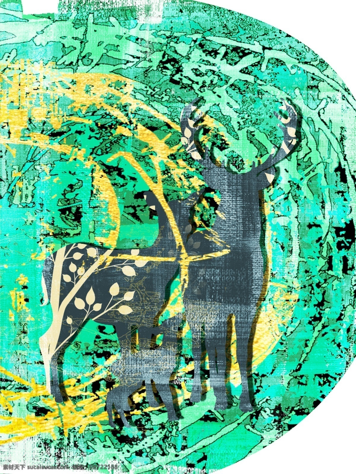 抽象 剪影 鹿 客厅 装饰画 绿色抽象 一联画 母子鹿 客厅装饰画 现代抽象
