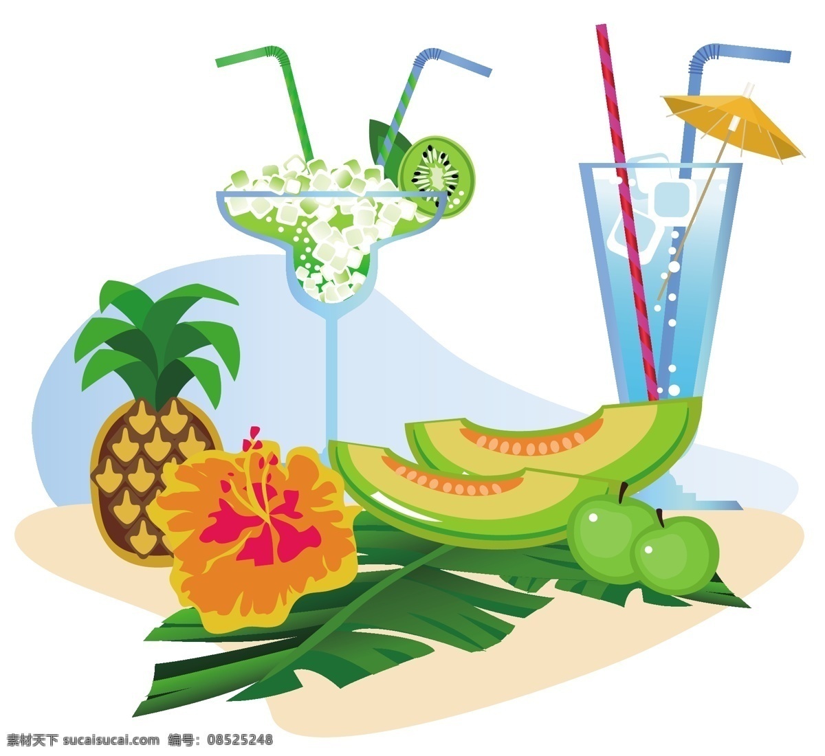 热带 风情 矢量 夏日 果汁 吸管 杯子 水果 鲜花 椰子 矢量背景 广告背景