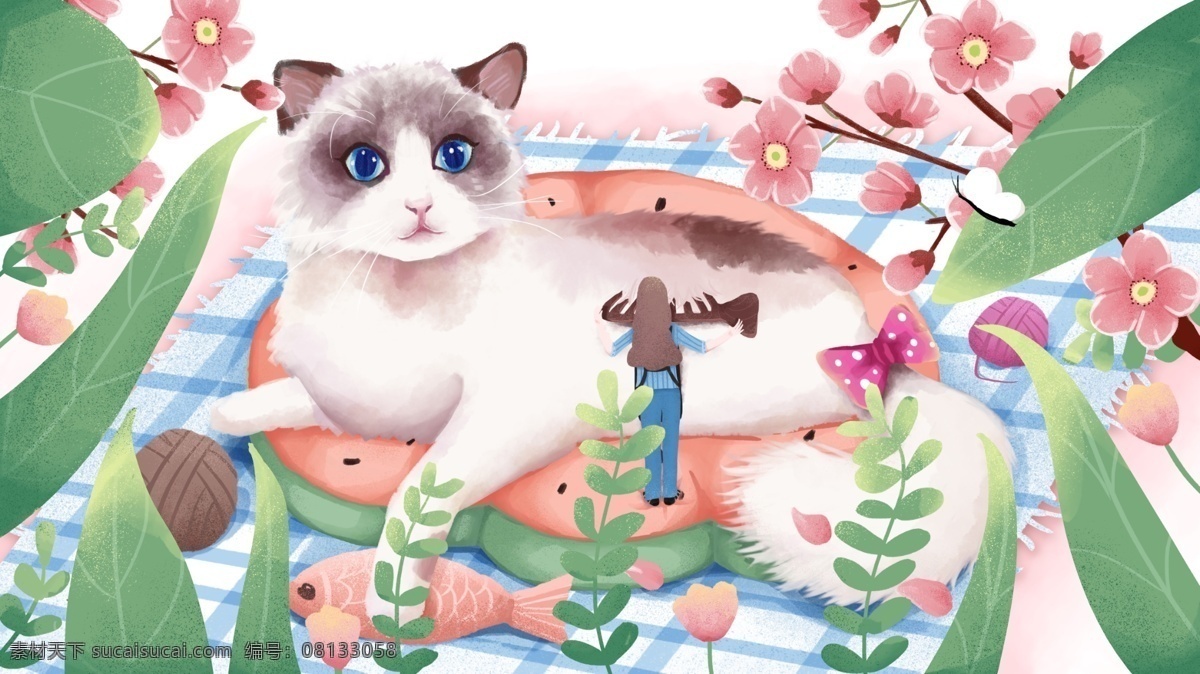 墊子 上 趴 貓咪 寵物 貓 治愈 插畫 葉子 花 治愈系 梳毛發(fā) 布偶貓