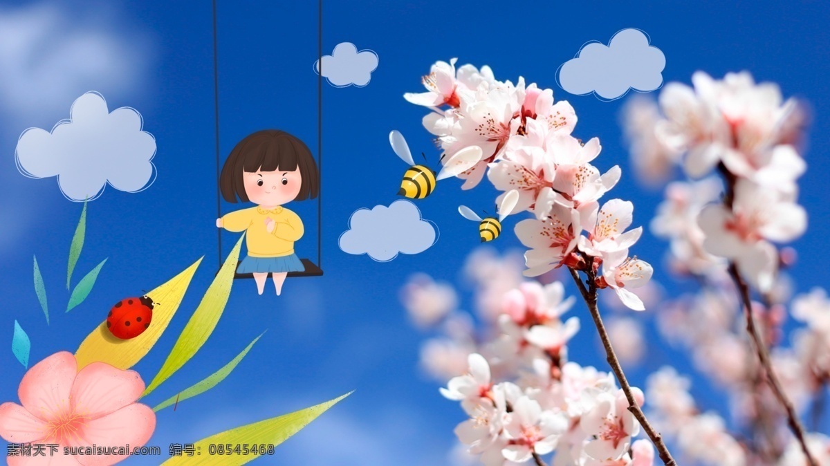 创意 图 插画 春天 桃花 开 小女孩 蜜蜂 摄影图插画 桃花开 小女孩蜜蜂 情感表达