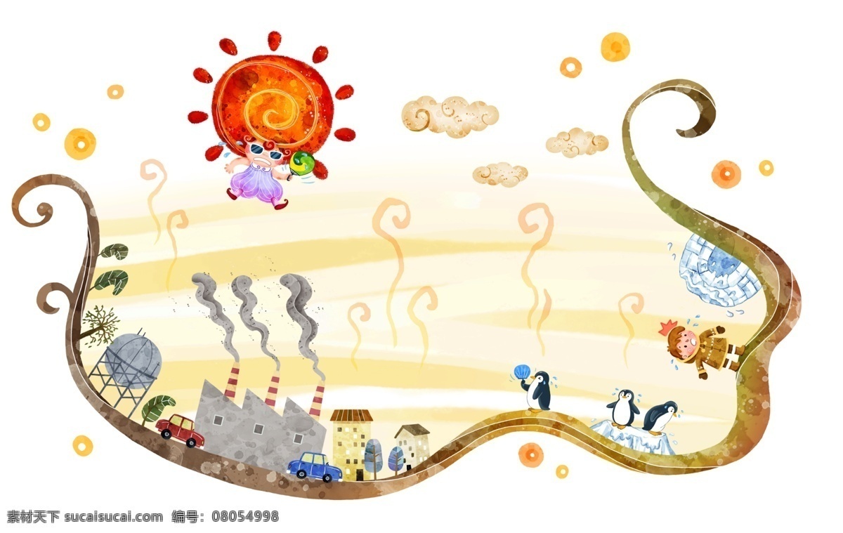 太陽(yáng) 下 冒煙 工廠 psd素材 插畫(huà) 建筑 晴天 云彩 psd源文件