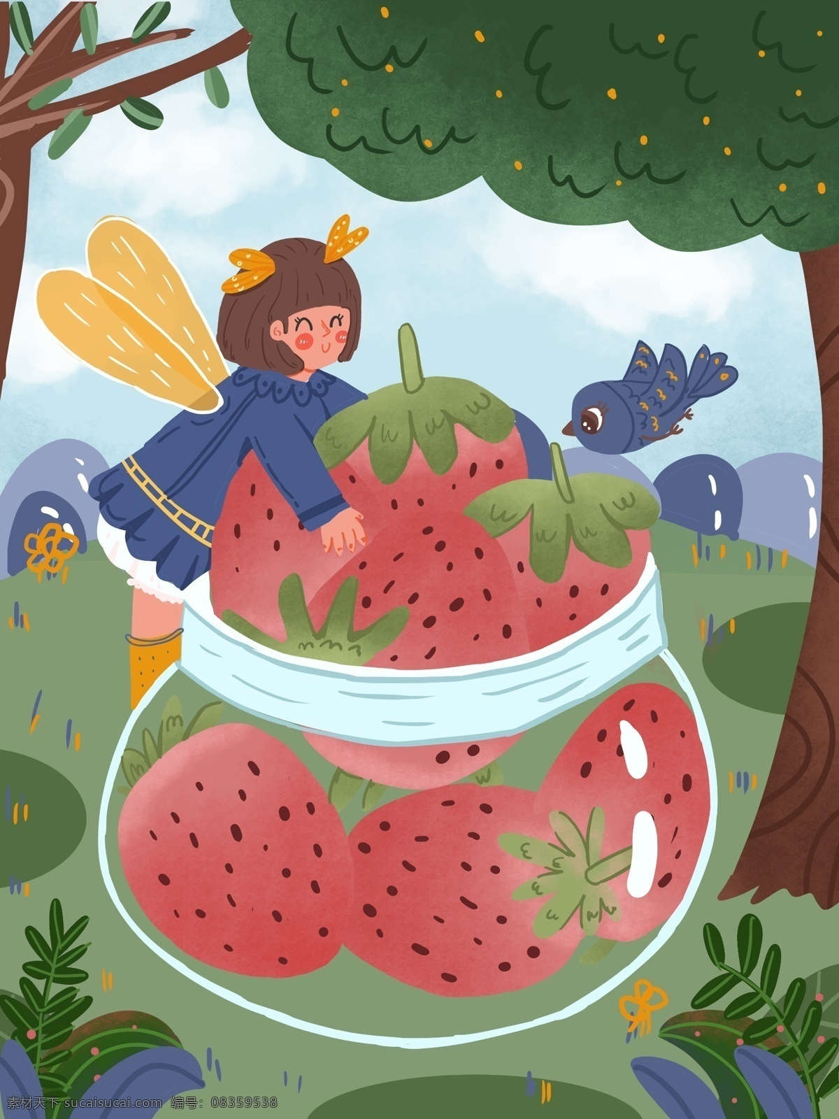 创意 水果 精灵 草莓 卡通 可爱 手绘 插画 女孩 鸟 树林