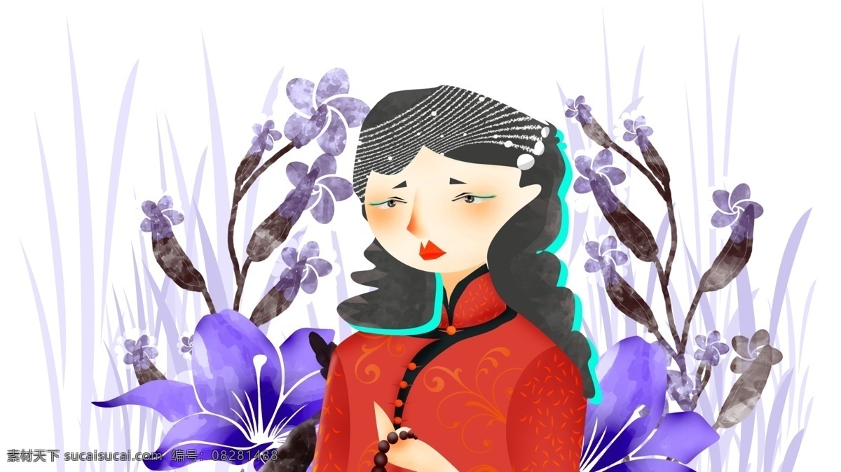 民国 风格 旗袍 女人 忧郁 情绪 插画 红色 紫色