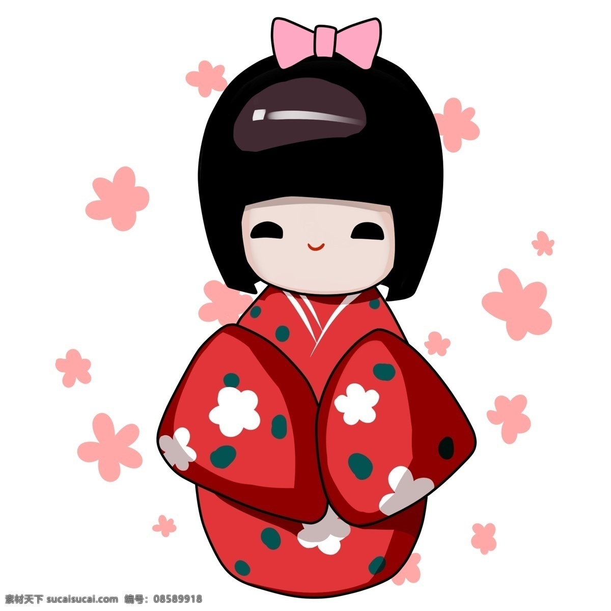 日本 娃娃 装饰 插画 日本娃娃 可爱的娃娃 漂亮的娃娃 开心的娃娃 娃娃装饰 娃娃插画 粉色的蝴蝶结