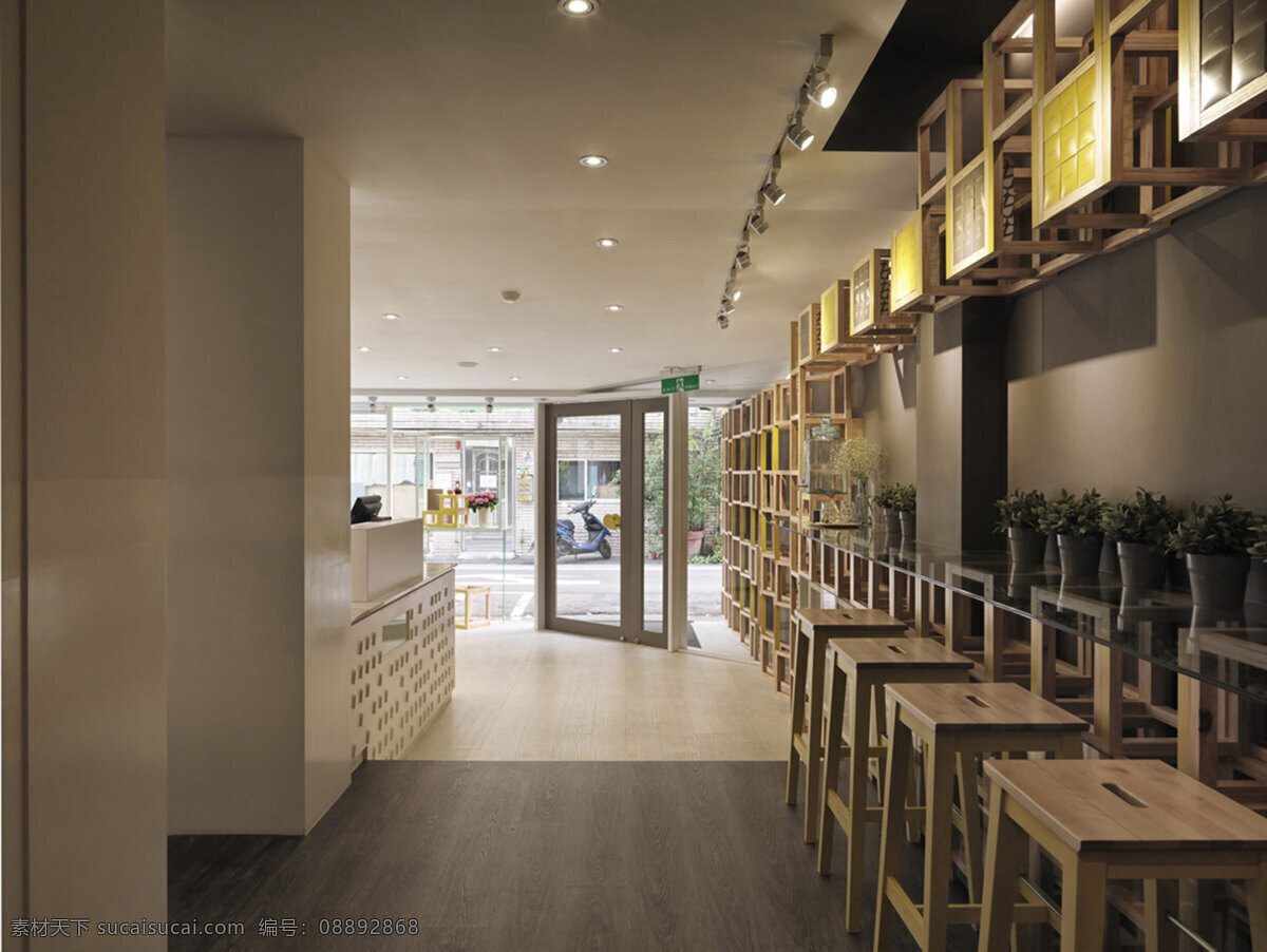簡約 甜品 店 燈箱廣告 裝修 效果圖 白色射燈 玻璃推拉門 灰色地板磚 灰色吊頂 甜品店