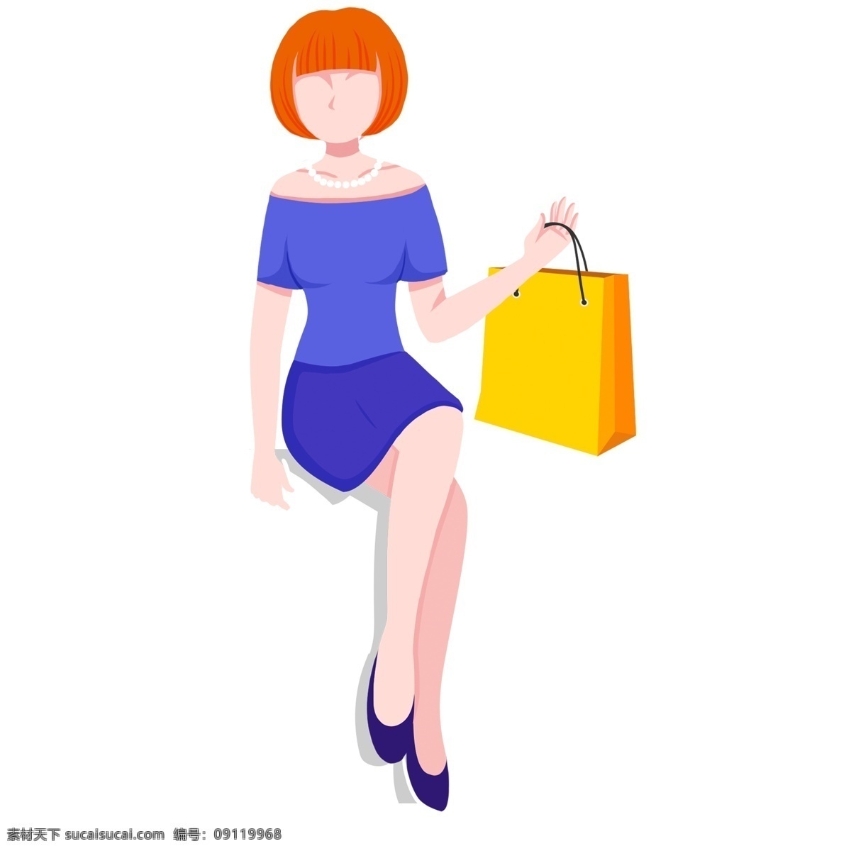 手绘 提 购物袋 女性 时尚 购物 人物 女人 短发 插画