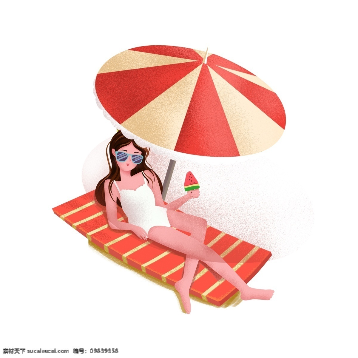 手繪 海邊 度假 賽 日光浴 女孩 卡通 插畫 沙灘 遮陽傘 西瓜 夏天 女人