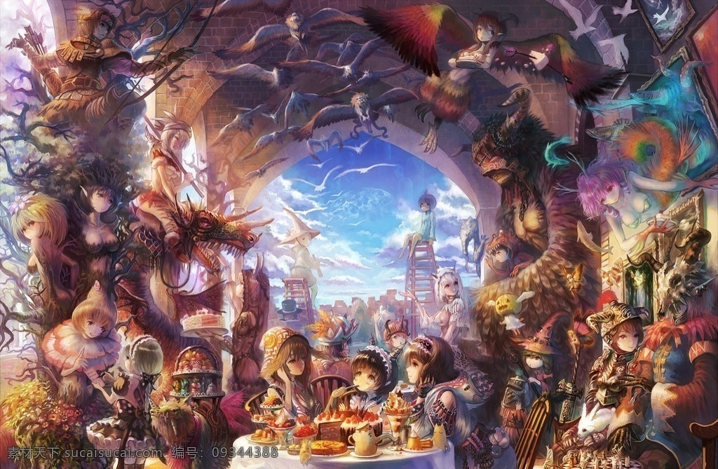 奇幻世界 奇幻 天空 大門 鷹 少年 少女 魔法師 餐桌 桌子 背景 仙女 巫女 女仆 蛋糕 龍 魔鬼 惡魔 動漫游戲人物 動漫人物 動漫動畫