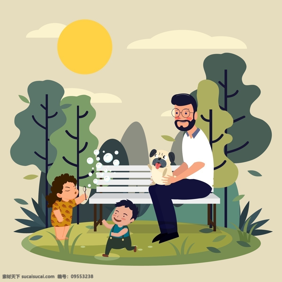 玩耍 家庭 人物图片 太阳 长椅 吹泡泡 树木 草地 创意 矢量 高清图片