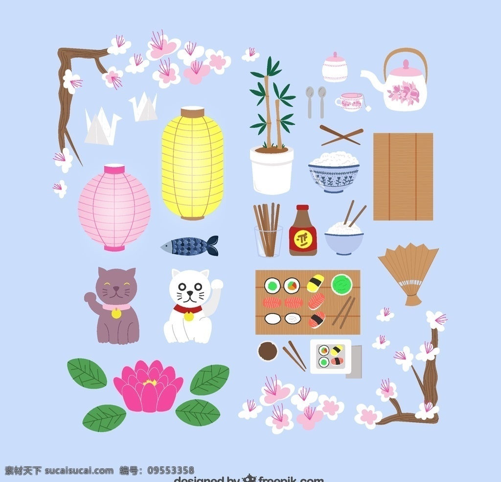 日本 元素 图标 樱花 纸鹤 灯笼 寿司 盆栽 矢量 高清图片
