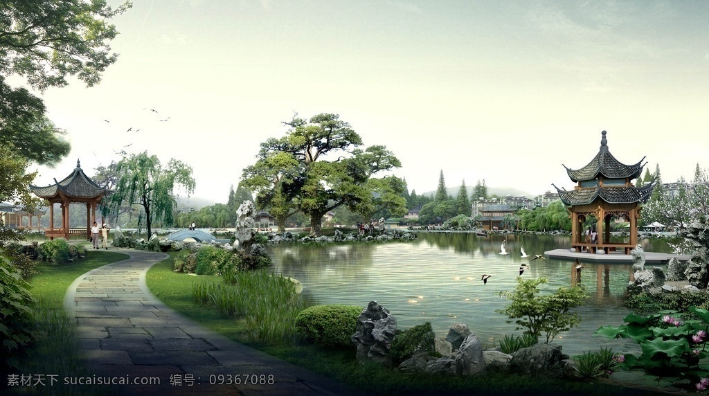 公園效果圖 天空 樹木 湖水 甬路 草地 花草 涼亭 飛鳥 橋 行人 景石 遠山 荷花 其他設(shè)計 環(huán)境設(shè)計 源文件