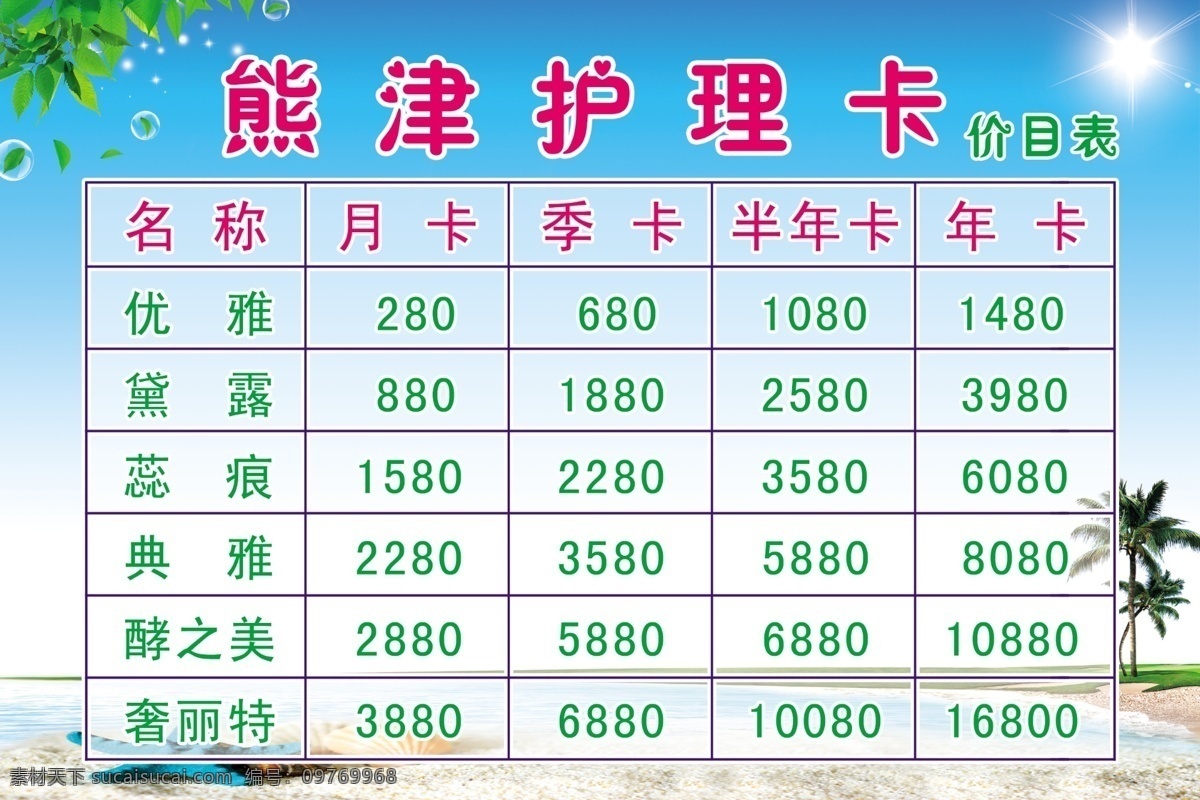 分層 海水 海灘 護(hù)理卡 價(jià)格表 藍(lán)天 女子養(yǎng)生 樹葉 椰子樹 熊津護(hù)理卡 女子護(hù)膚 熊津 源文件 psd源文件