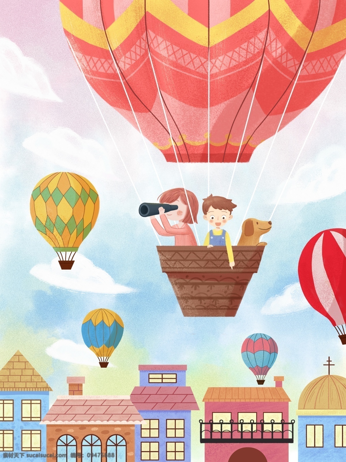 粉色 浪漫 欧洲 小镇 热气球 旅行 度假 插画 温馨 肌理 向往