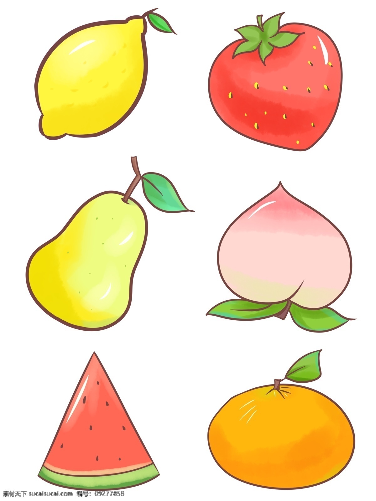 手绘 商用 手 账 水果 可爱 卡通 简约 蔬果 装饰 图案 柠檬 草莓 梨 西瓜 桃子 橘子 手账 贴图