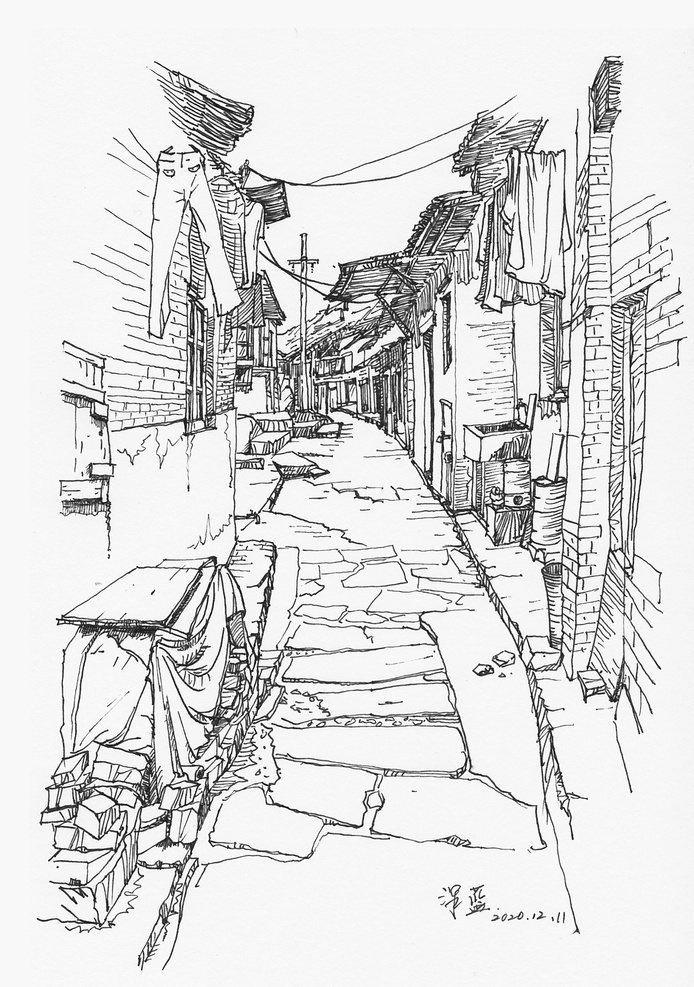 破败 巷子 手绘 建筑 钢笔画 速写 文化艺术 绘画书法