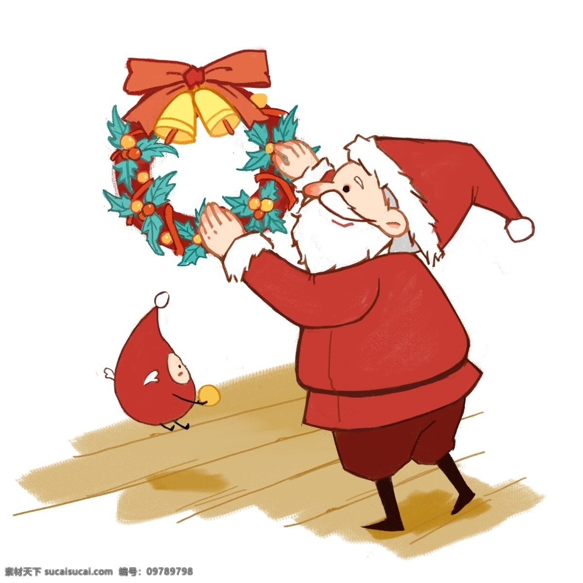 圣诞节 挂花 环 圣诞老人 圣诞 节日 男孩女孩系列 礼物 传统习俗 可爱 卡通风 童话风格 插画 壁纸 装饰画