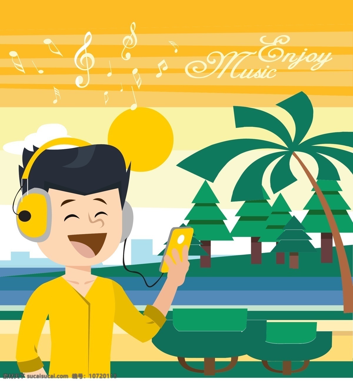 享受 音乐 度假 插画 度假插画 旅游 矢量素材 椰树 树木 商业插画 音符