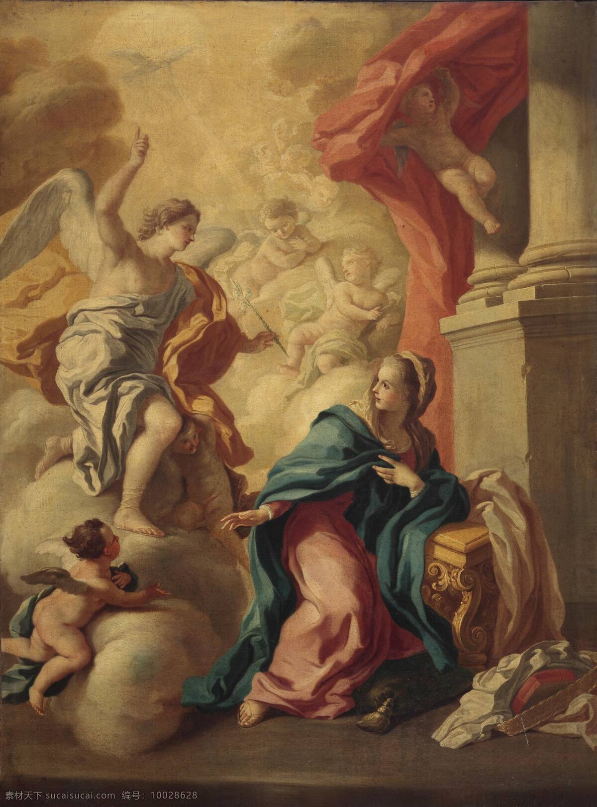 古典油画 怀孕 绘画书法 天使 文化艺术 油画 预告 天使报喜 那不勒斯学院 18世纪 圣母玛丽娅 圣婴即将到来 装饰素材