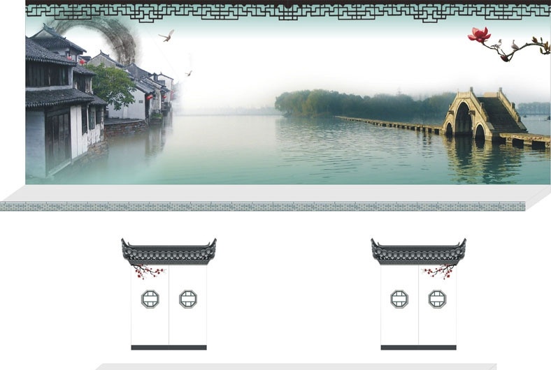 江南 水鄉(xiāng) 紹興 舞臺 背景 古纖道 窗紋 水 古風(fēng) 古色 屋檐 墨跡 荷花 梅花 墻 舞臺背景 矢量