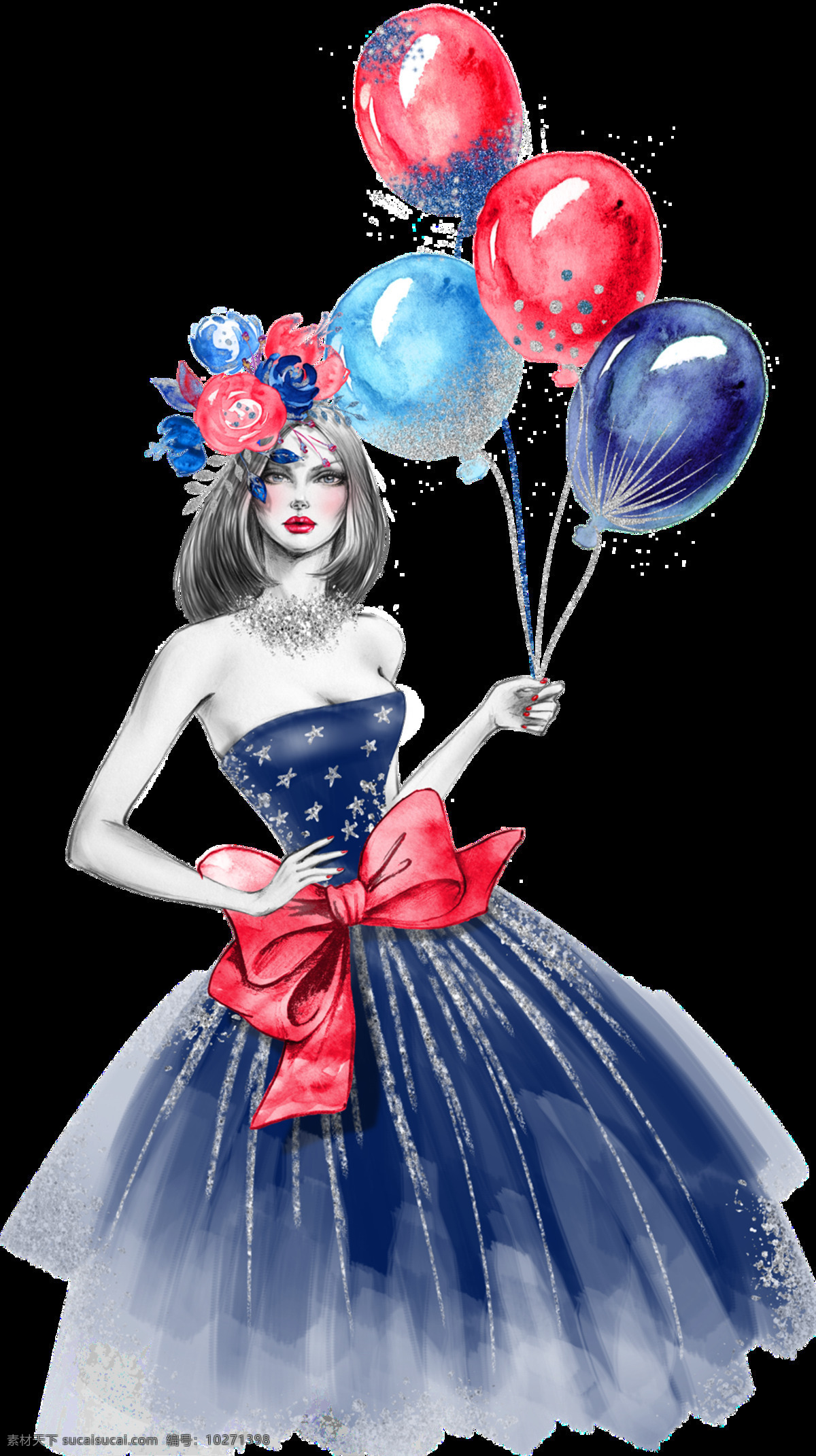 水彩画 模特 性感女郎 装饰 图案 气球 玫瑰 蔷薇 蝴蝶结 抹胸裙 红唇女郎