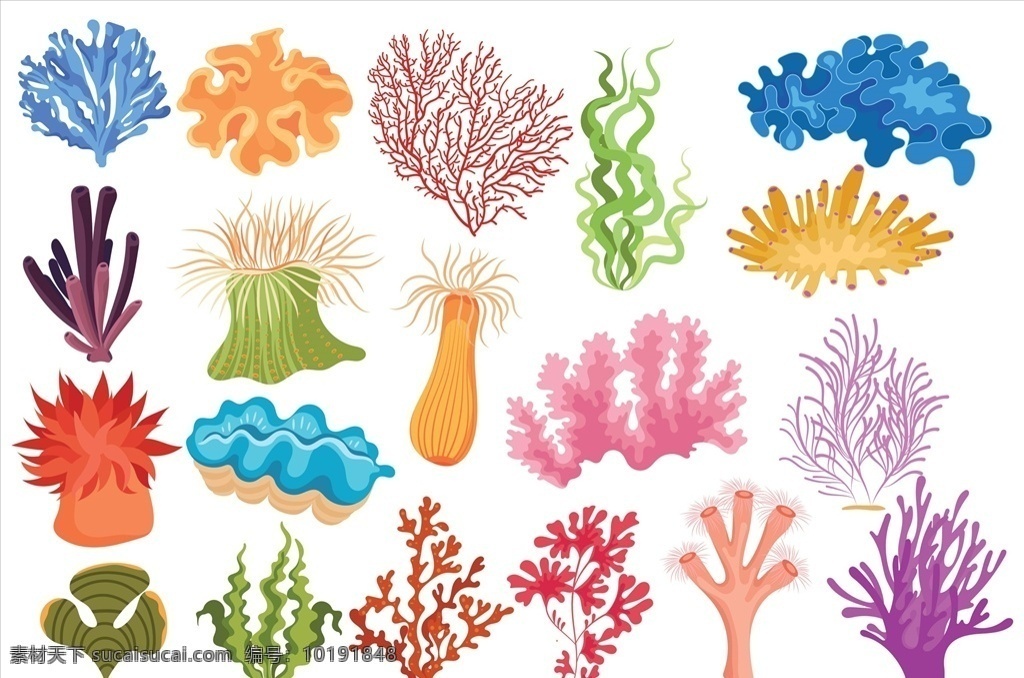 卡通珊瑚设计 矢量素材 卡通 海草 贝壳 气泡 大海 矢量图 ai格式 计 底纹边框 其他素材