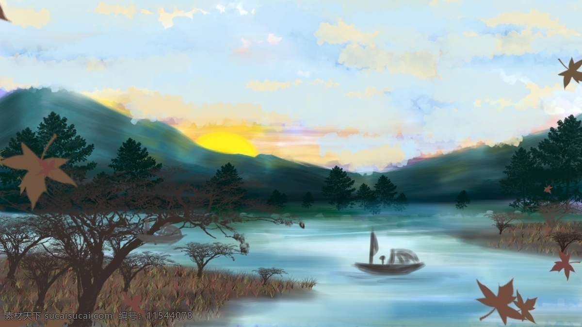 水天一色 水中 美景 船 插画 绘画 桌面 壁纸 湖 枯树