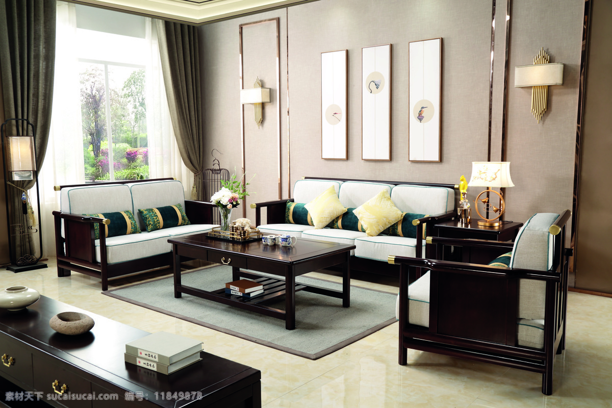 中式客厅沙发 中式 家具 客厅 沙发 桌子 装修 中国风 简约 生活