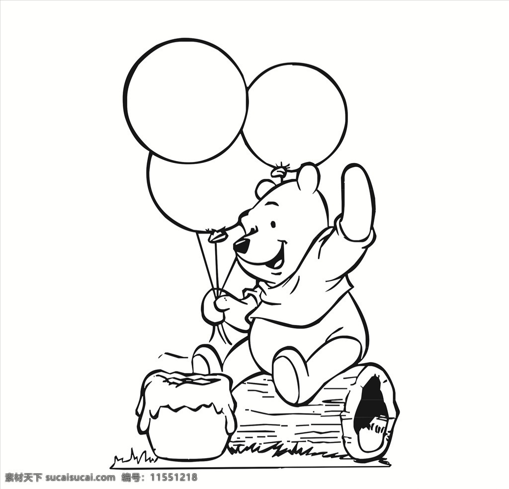 小熊维尼 场景 插画 卡通 动画 矢量图 硅藻泥 图案 刻图 气球 树桩 草地 蜂蜜 罐子 坛子 动漫动画 动漫人物