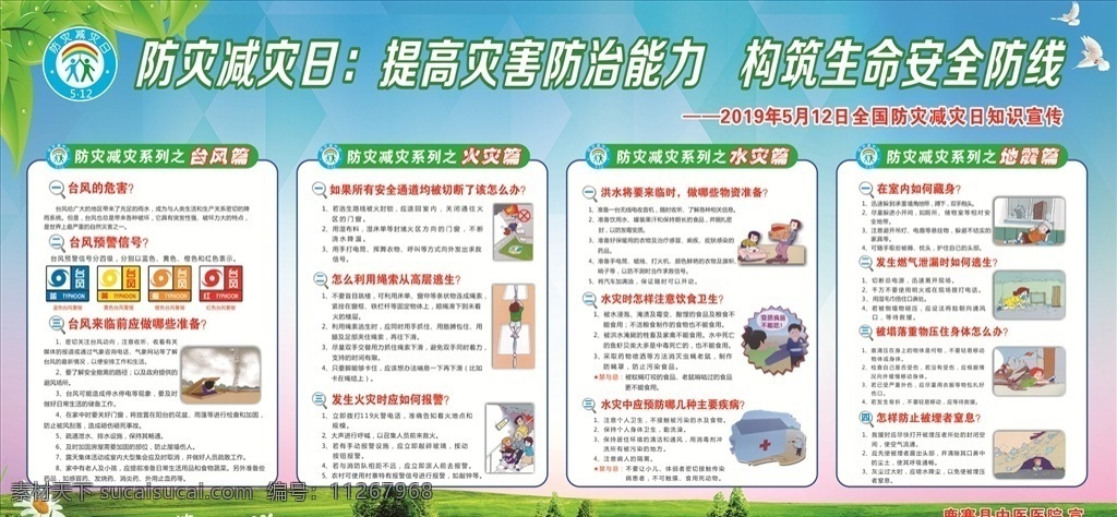 2019 年 全國(guó) 防災(zāi) 減災(zāi) 日 展板 防災(zāi)減災(zāi)日 知識(shí)宣傳 防災(zāi)減災(zāi)板報(bào) 臺(tái)風(fēng)篇 火災(zāi)篇 水災(zāi)篇 地震篇 氣象災(zāi)害漫畫 卡通圖 防災(zāi)減災(zāi)標(biāo)志 藍(lán)天 草地 鄒菊 樹葉 鴿子 展板模板