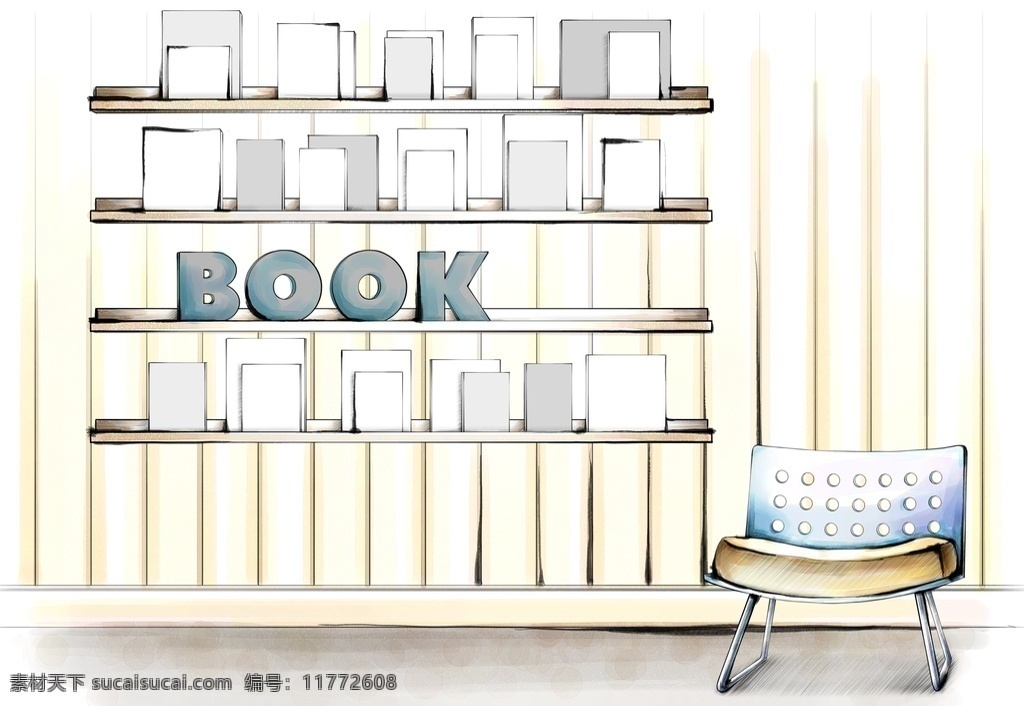 手繪書架 手繪場景 書架 書房 手繪 插畫 插畫素材 動(dòng)漫動(dòng)畫