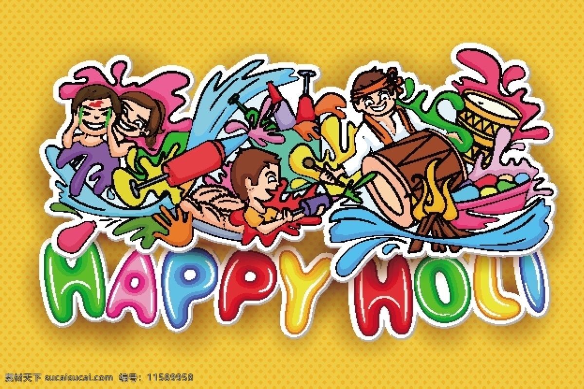 印度 色彩 节 涂鸦 标签 矢量 人物 印度色彩节 度假 夏季 假期 水枪 happy holi 矢量图