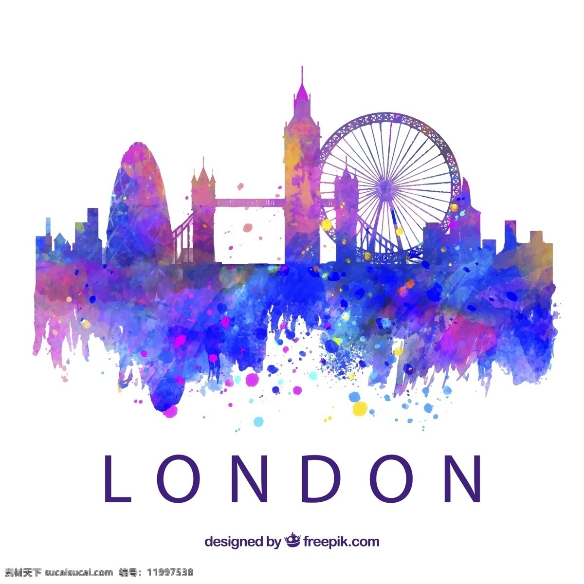 水彩 绘 伦敦 建筑 剪影 楼房 伊丽莎白塔 伦敦眼 伦敦塔桥 都市 矢量 高清图片