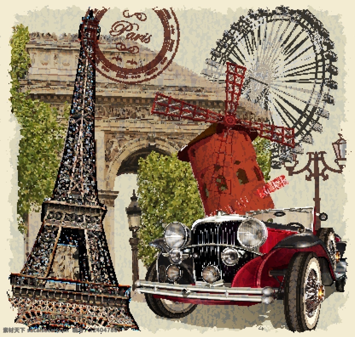 复古法国元素 埃菲尔铁塔 凯旋门 轿车 老爷车 摩天轮 红磨坊 法国 邮戳