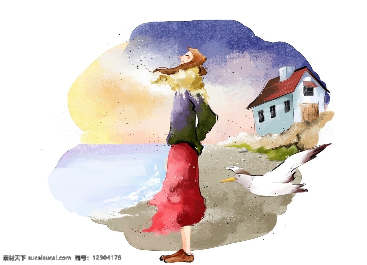 hanmaker 韓國(guó) 設(shè)計(jì)素材 庫(kù) 背景 淡彩 海邊 海鷗 卡通 漫畫(huà) 女人 人物 舒適 享受 悠閑 psd源文件
