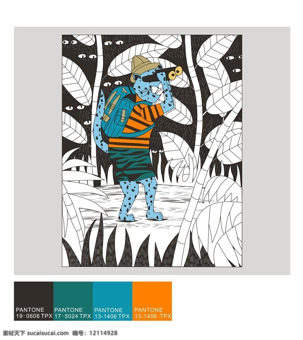 眼睛 動物 眼鏡 葉子 叢林 時尚 插畫 服飾 圖案 望眼鏡