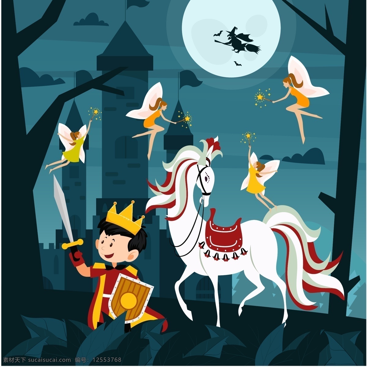 创意 童话 王子 白马 夜晚 树林 树木 精灵 宝剑 盾牌 人物 动漫动画 动漫人物